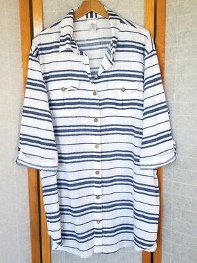 Dotti 100% Cotton Button Up Tunic Top Navy Blue White 3/4 Sleeves